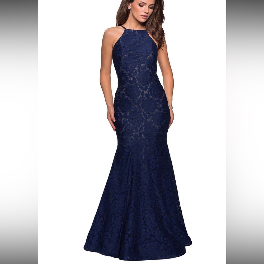 La Femme women's lace trumpet formal prom gown like new midnight blue